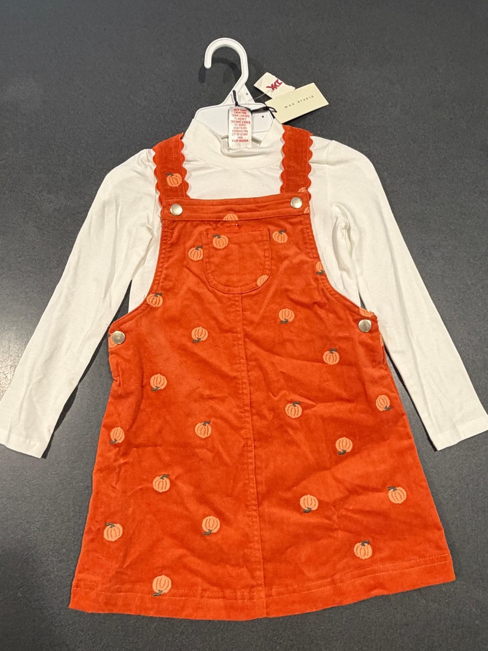 Max Studio Kids Pumpkin Corduroy Overall Dress Set Size 4